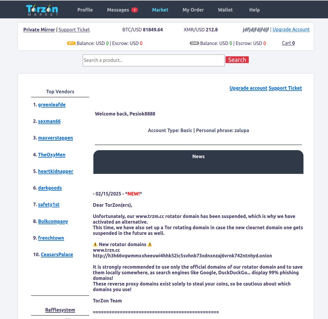 Torzon Market interface accessible through verified onion links